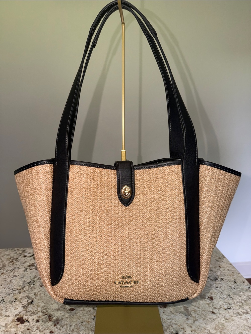 Coach Hadley Turnlock Straw and Leather Tote Bag - Picture 2 of 10